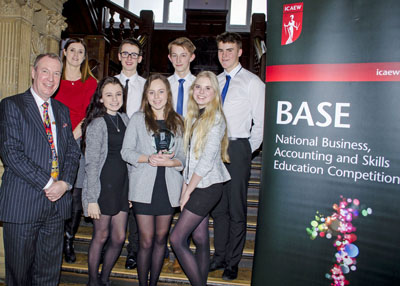 King Edward VI School, Morpeth – winners of Newcastle heat of ICAEW BASE 2016 with head judge Rob Tindle, President of Northern Society of Chartered Accountants